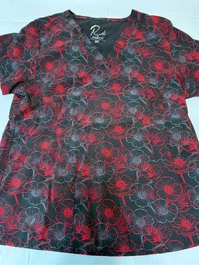 Black & Red Floral V-Neck Scrub Top